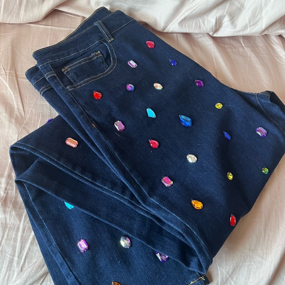 Embellished Dark Blue Women's Jeans with Multicolor Gems